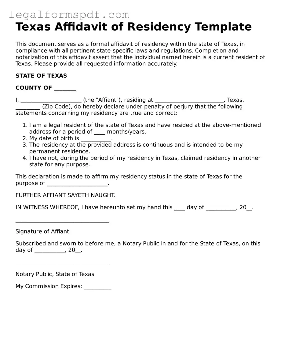 Fillable  Affidavit of Residency Document for Texas