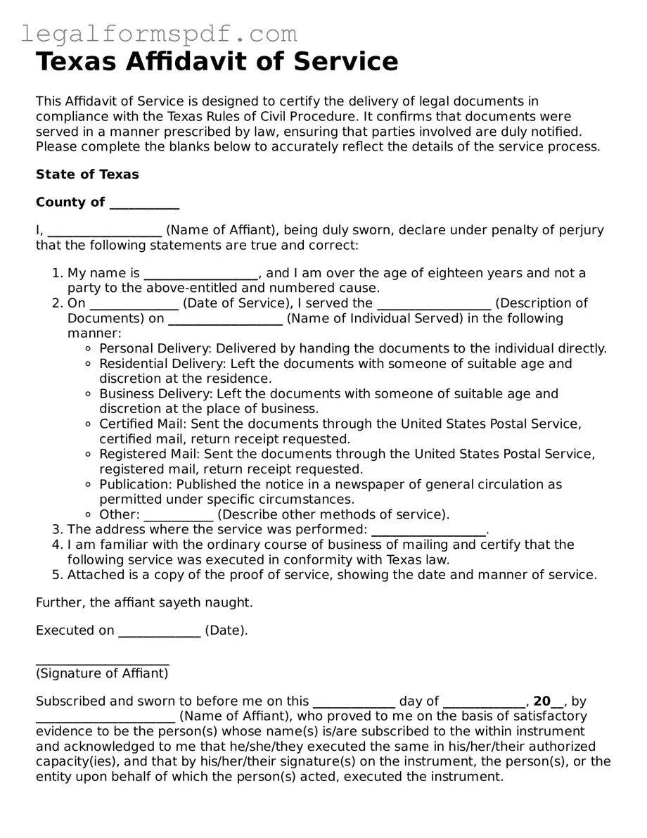 Fillable  Affidavit of Service Document for Texas