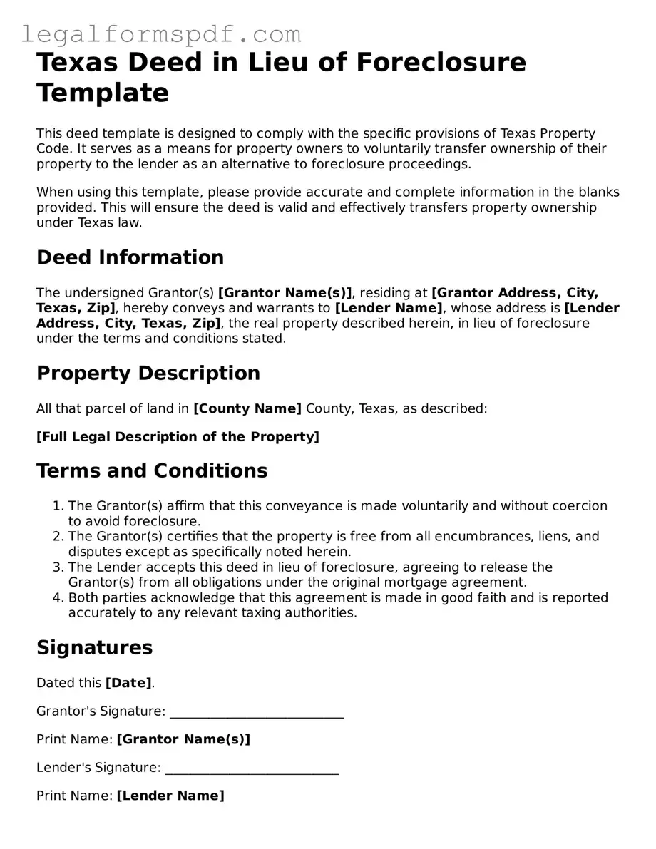 Fillable  Deed in Lieu of Foreclosure Document for Texas
