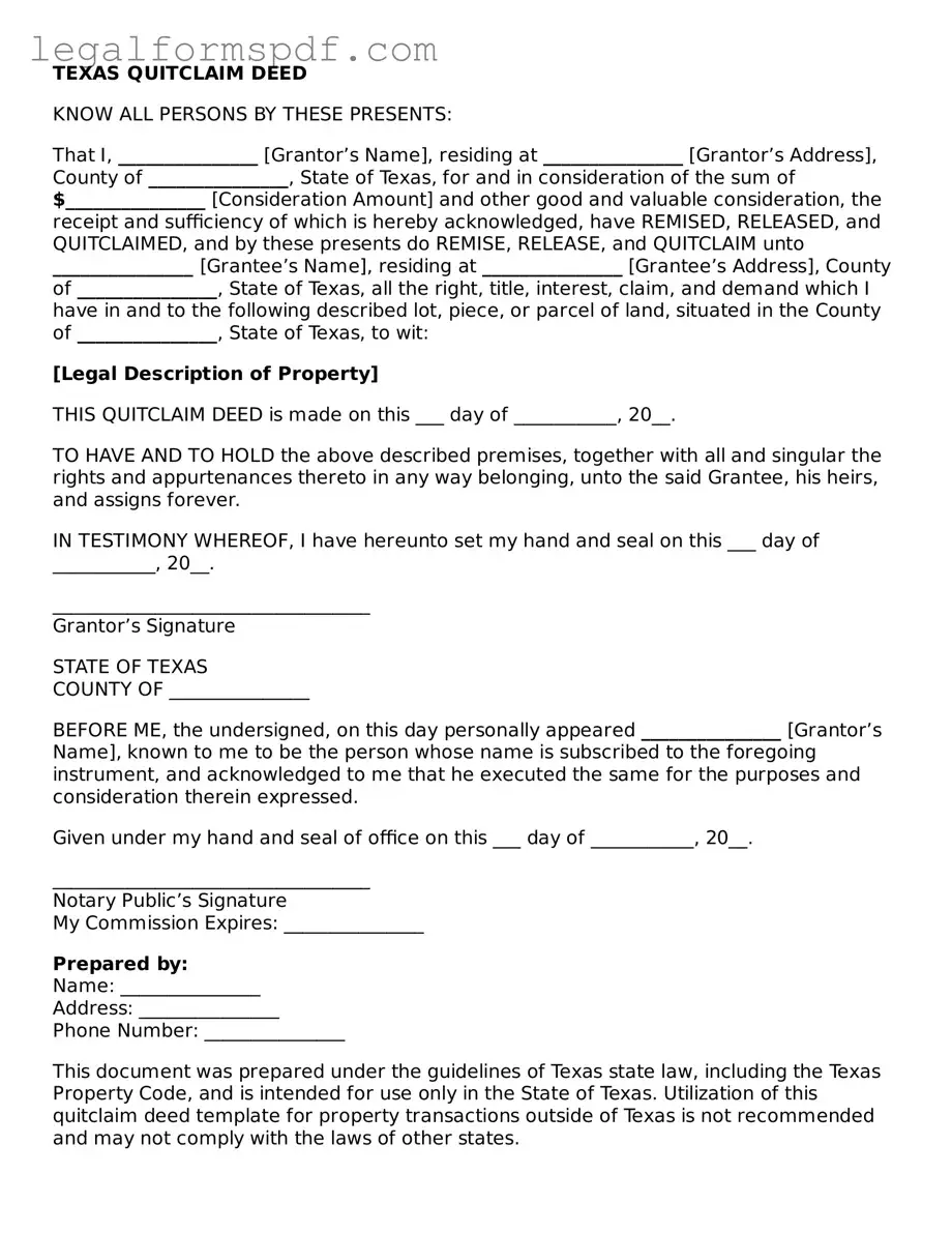 Fillable  Quitclaim Deed Document for Texas