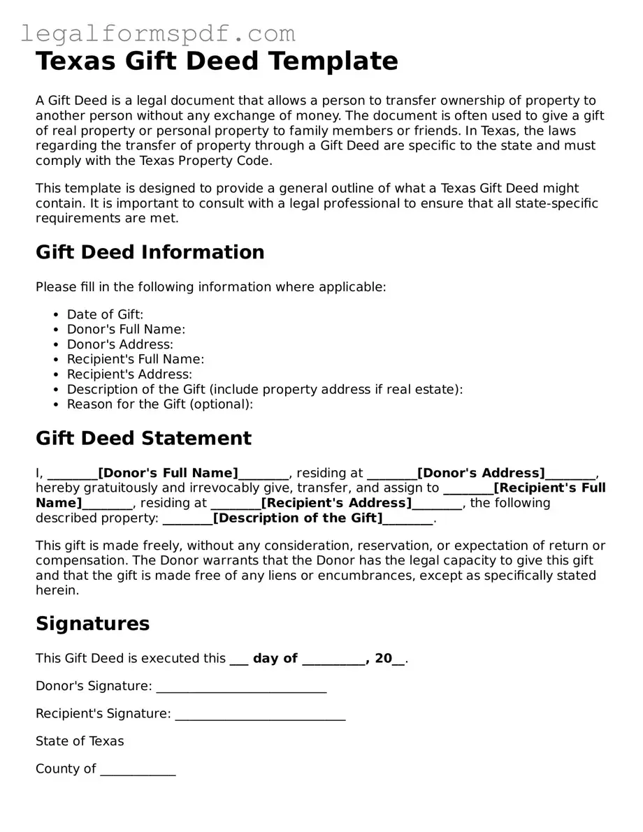 Fillable  Gift Deed Document for Texas