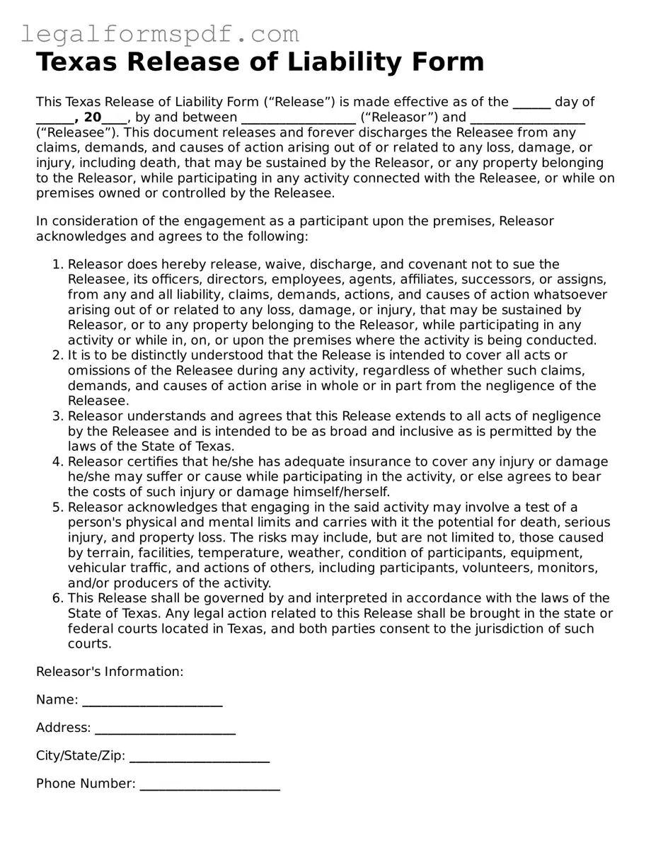 Fillable  Release of Liability Document for Texas
