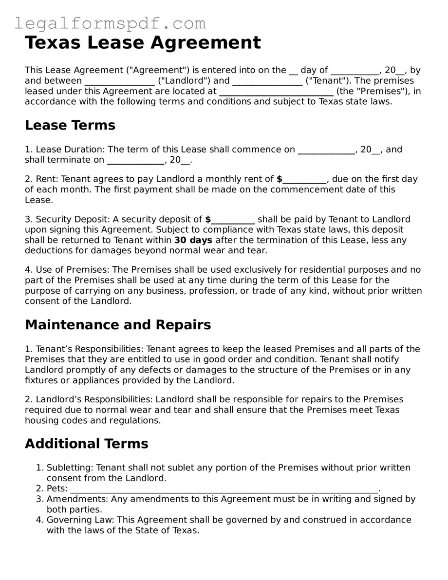 Fillable  Lease Agreement Document for Texas