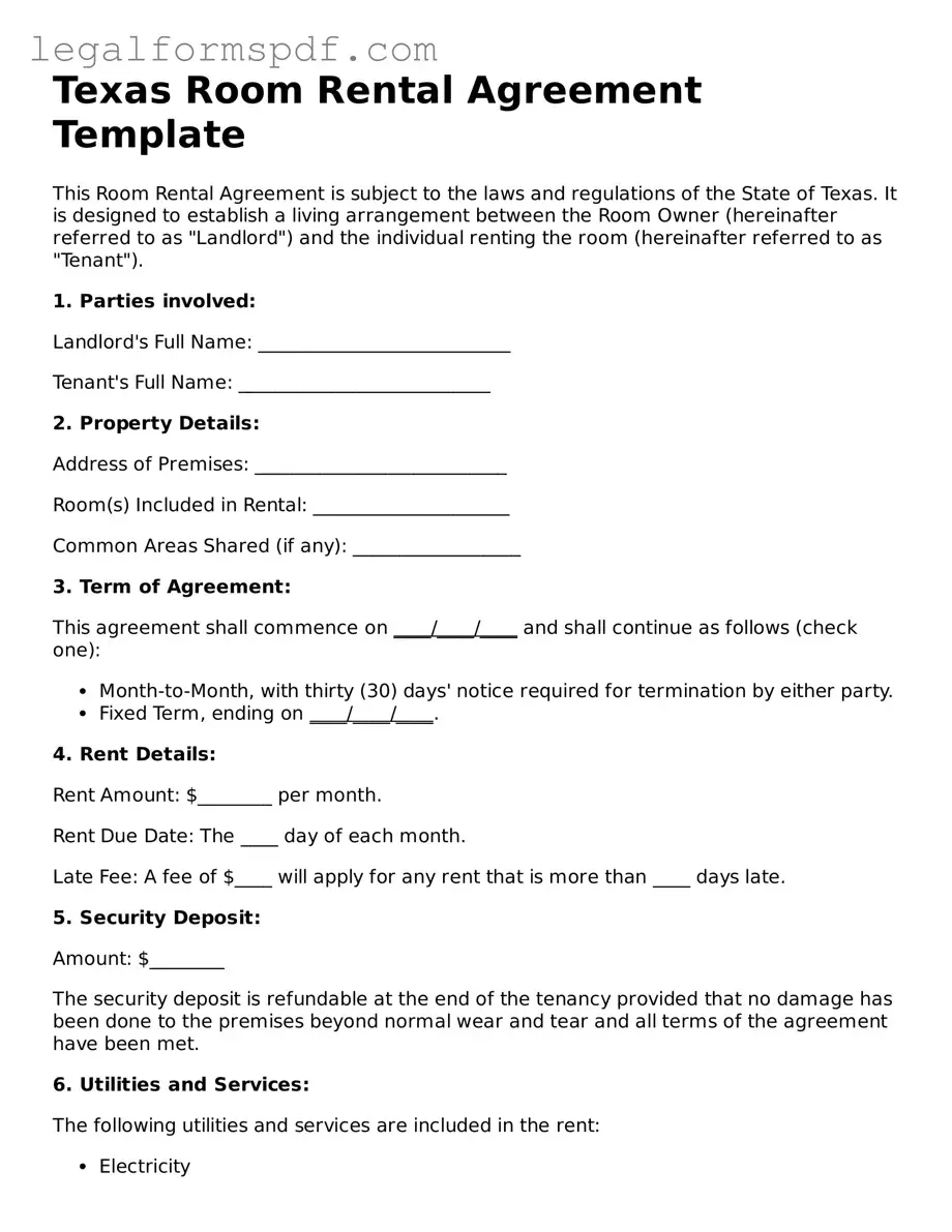 Fillable  Room Rental Agreement Document for Texas