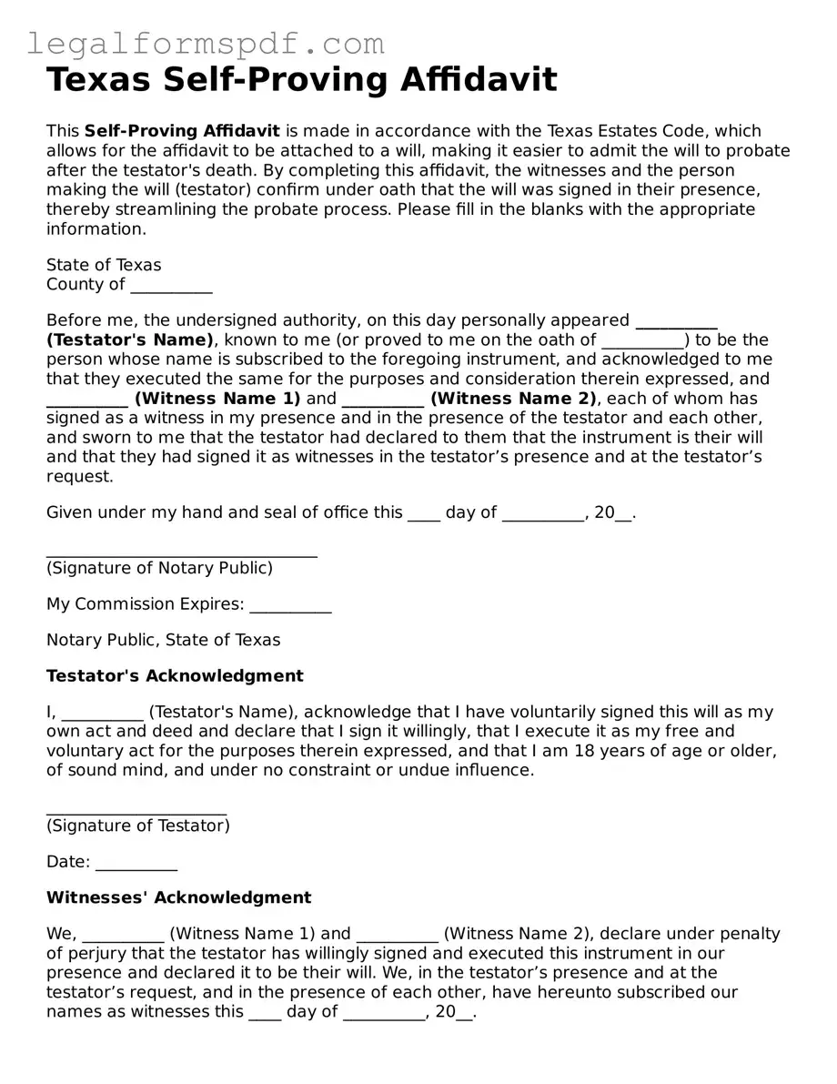 Fillable  Self-Proving Affidavit Document for Texas