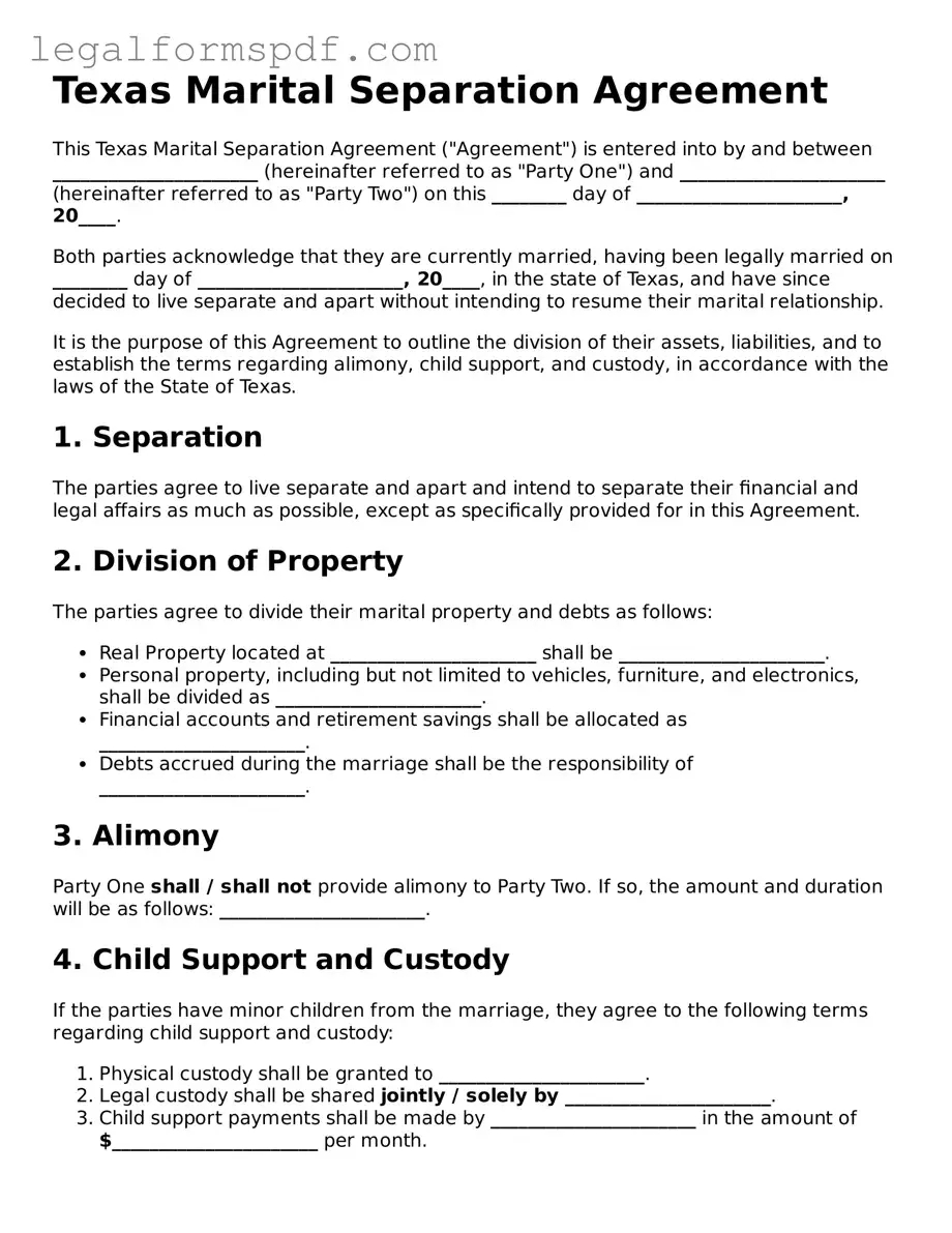 Fillable  Marital Separation Agreement Document for Texas