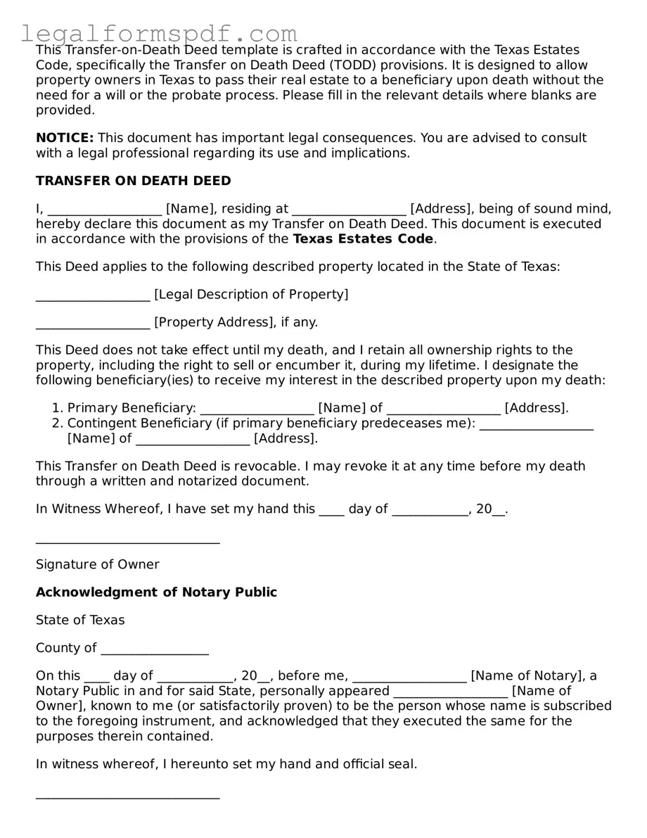 Fillable  Transfer-on-Death Deed Document for Texas