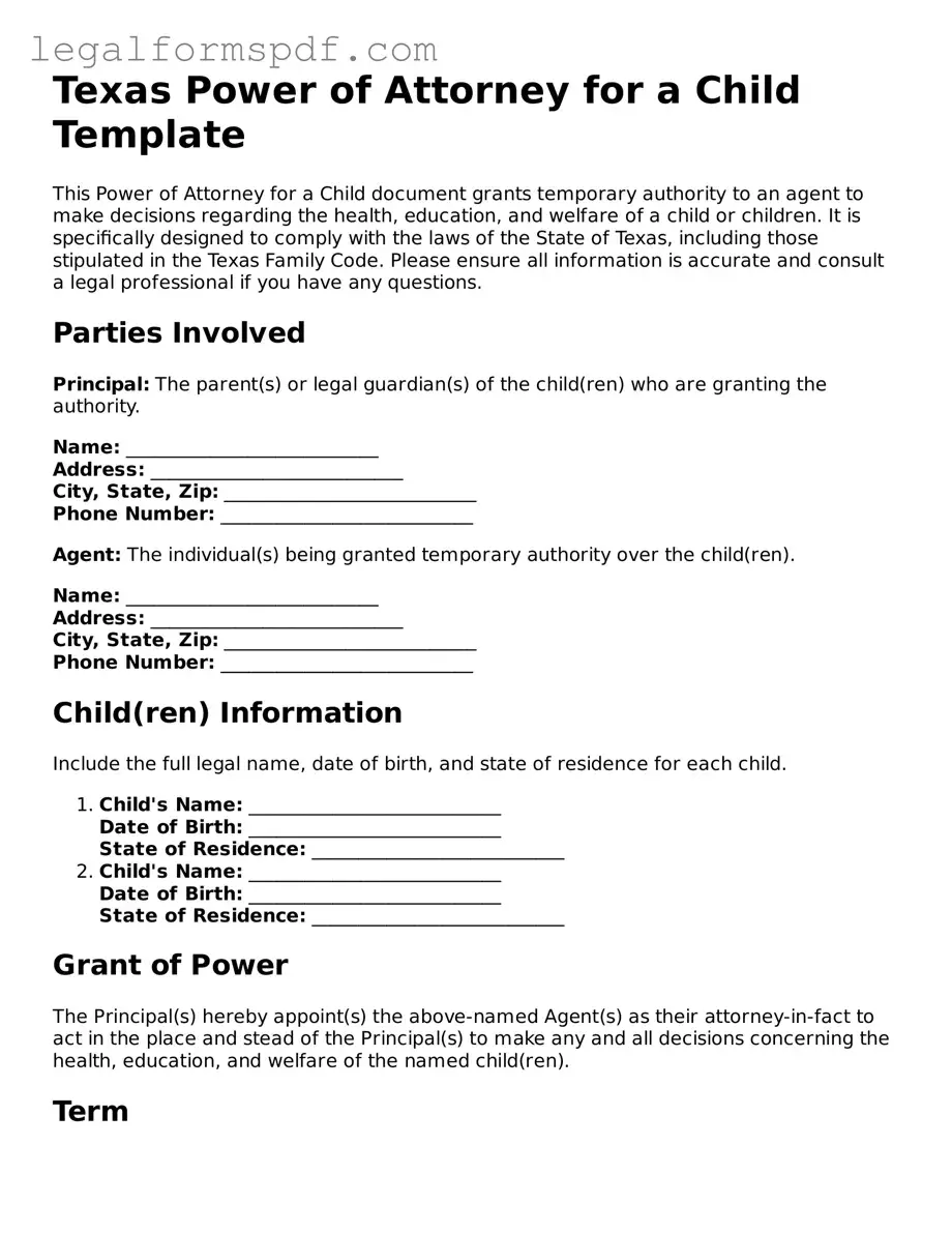 Fillable  Power of Attorney for a Child Document for Texas