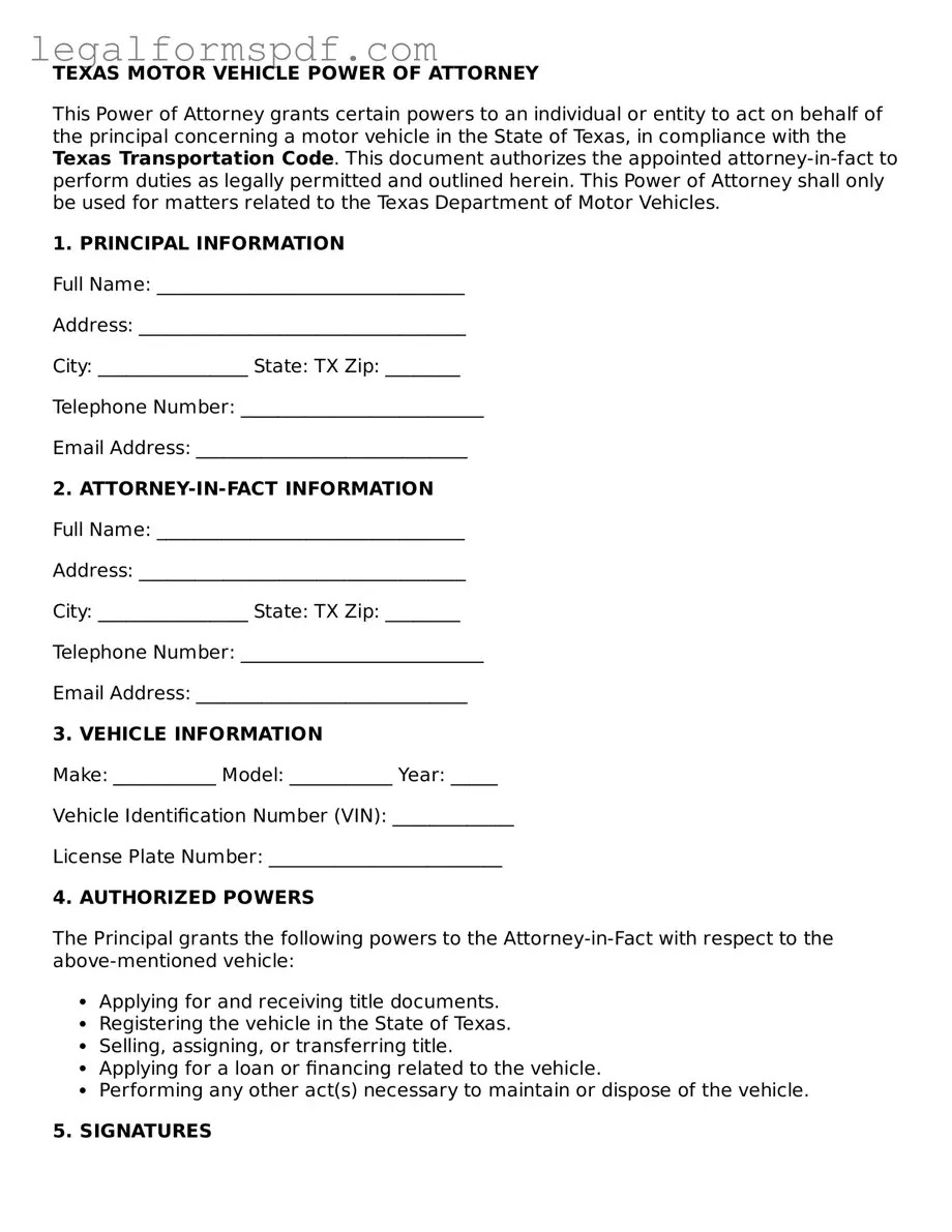 Fillable  Motor Vehicle Power of Attorney Document for Texas